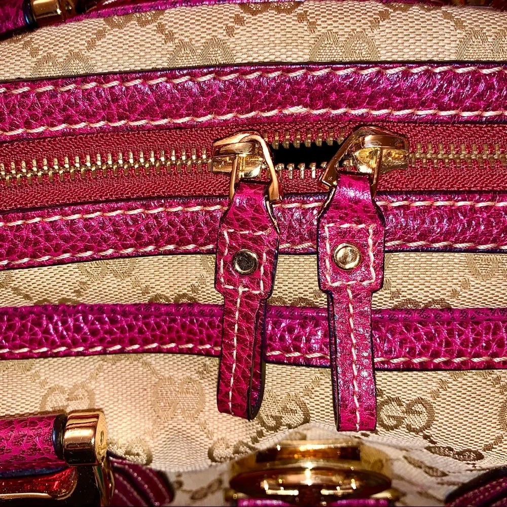 Classic Satchel Red Leather Trim & Beige Canvas